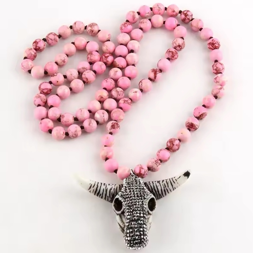 Bohemian Bull Skull Long Knitted Pink Natural Stones Necklace FINE CRAFTMANSHIP